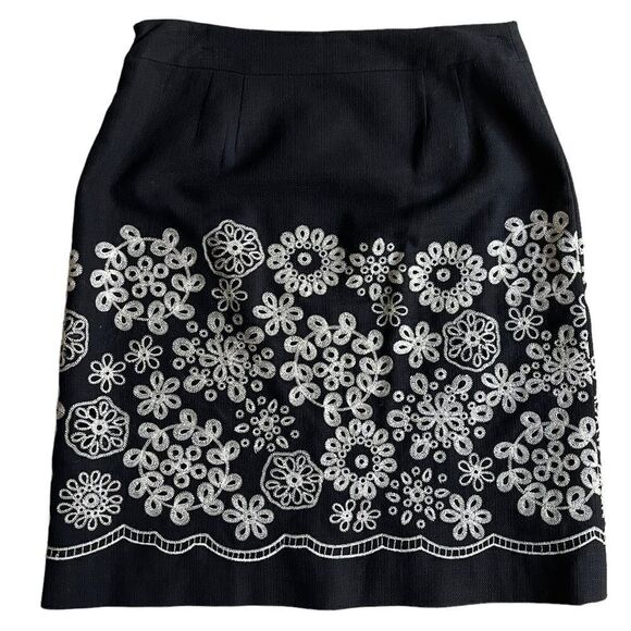 VTG Harold’s White Floral Embroidery Contrast Black Summer Cotton Tweed Skirt - Picture 4 of 15